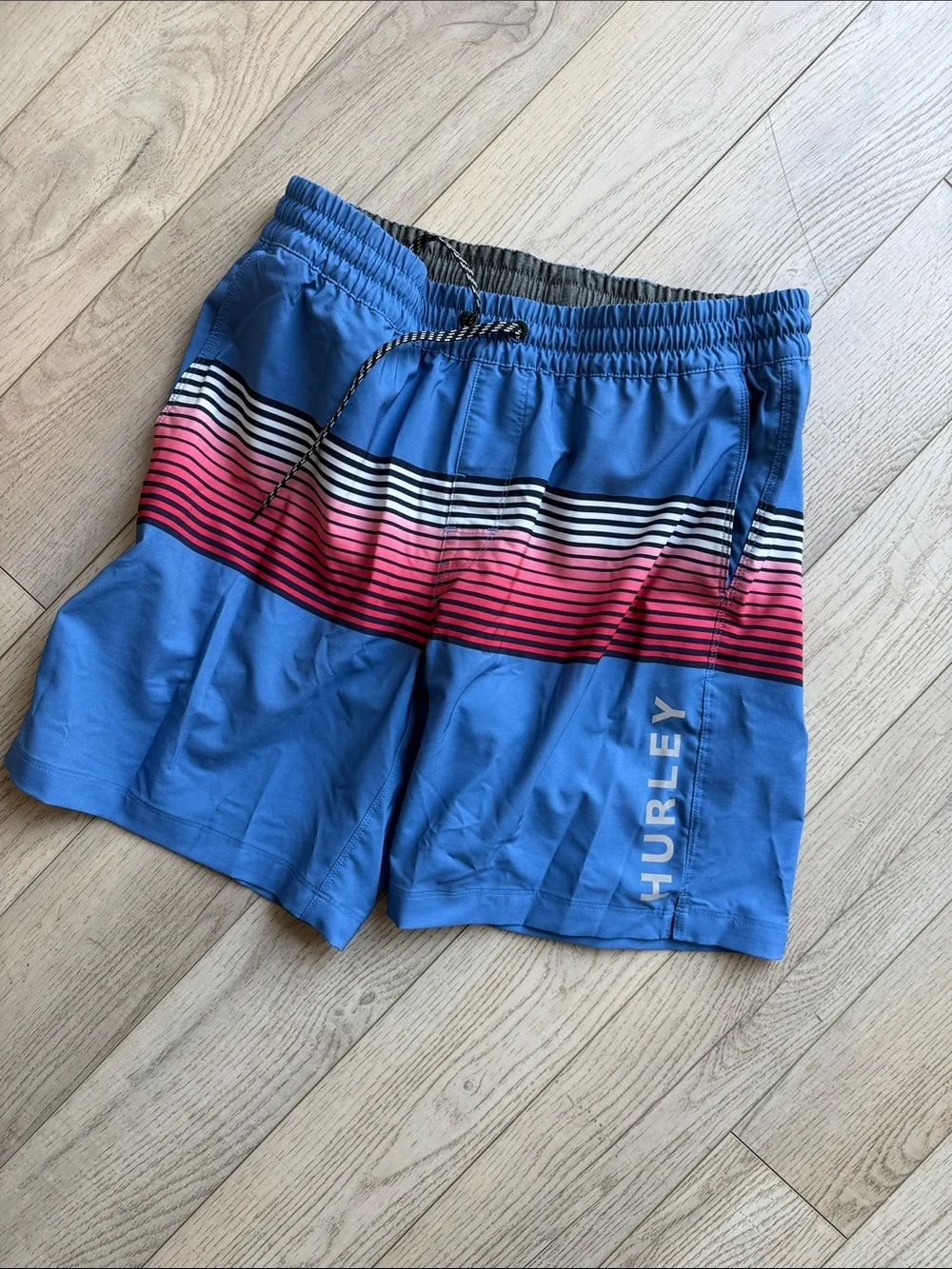 Hurley Men’s Blue Swim Shorts with Pink and Black Stripes